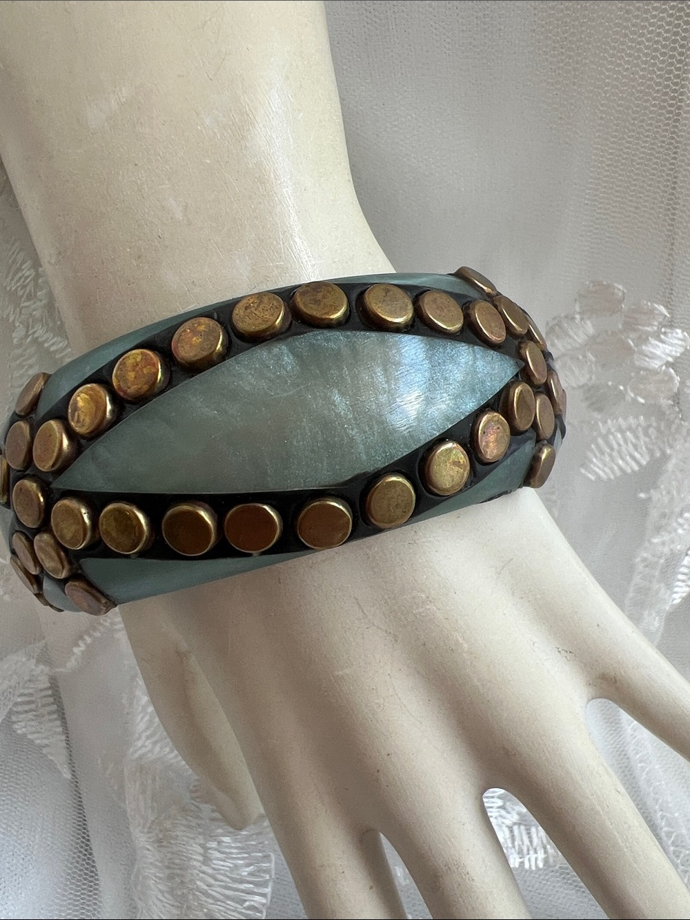 Vintage pearlized lucite and Gold Stud Bangle Bracelet